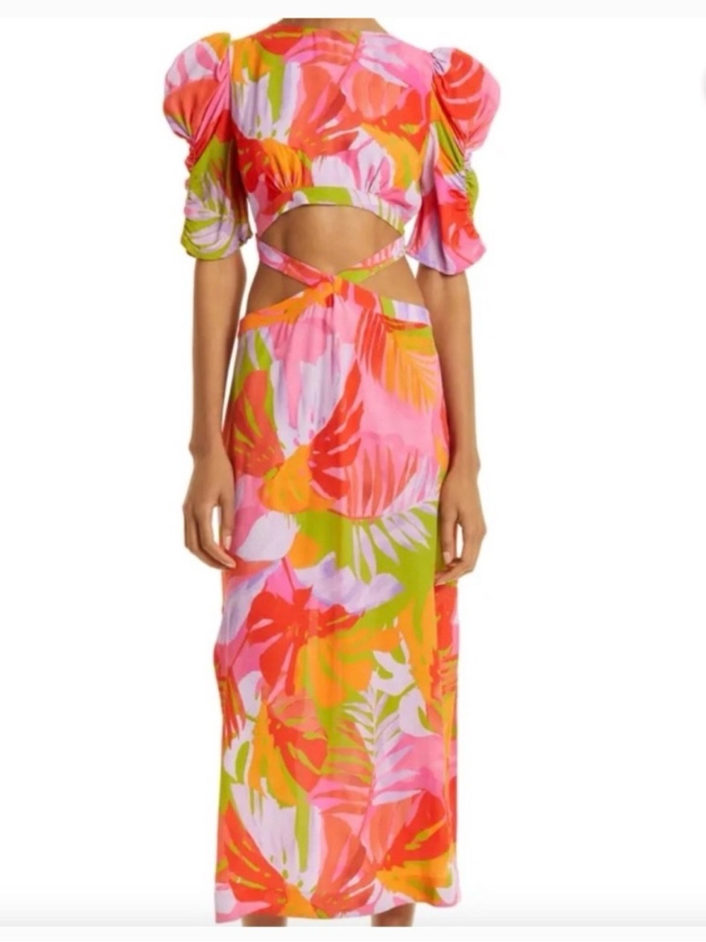 🍃 Farm Rio Tropical Print Puff Sleeve Crop Top - Pink/Orange/Green SMALL